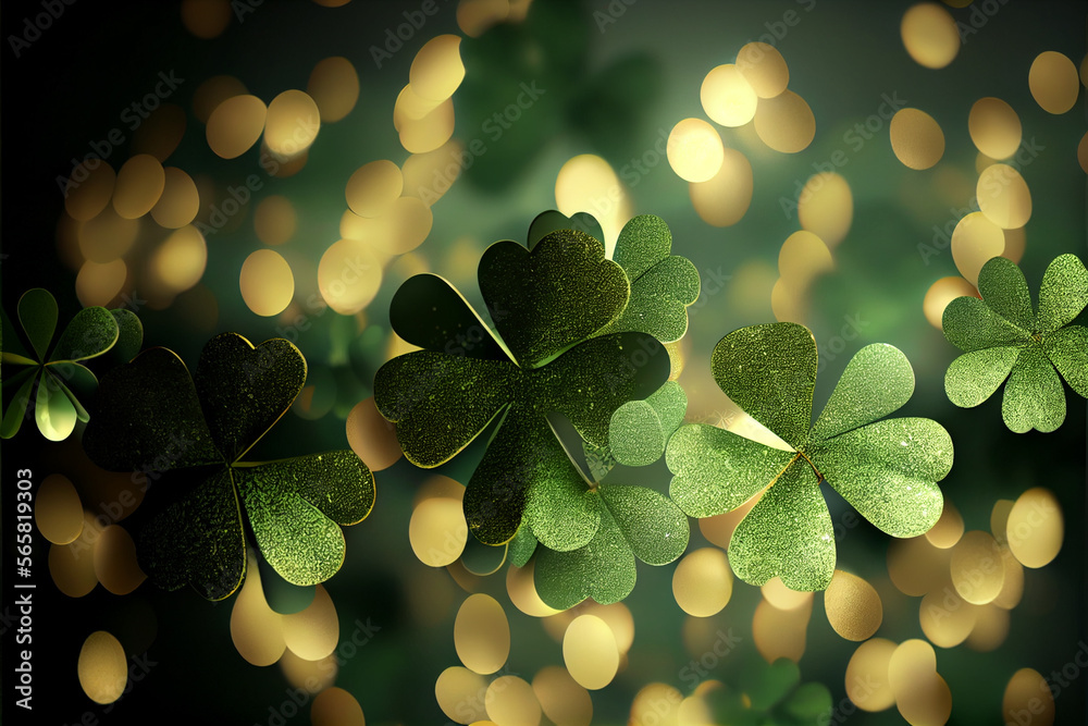 Poster Beautiful Festive background with shining clover shamrocks and golden bokeh. St. Patrick's Day backdrop.	
