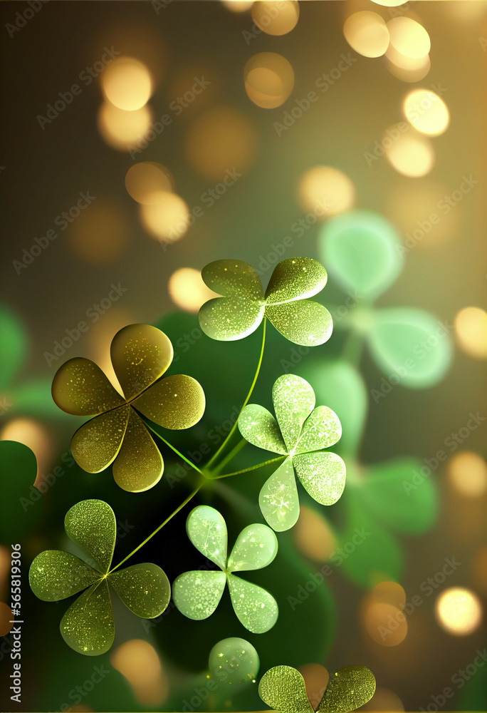 Poster Beautiful Festive background with shining clover shamrocks and golden bokeh. St. Patrick's Day backdrop.	
