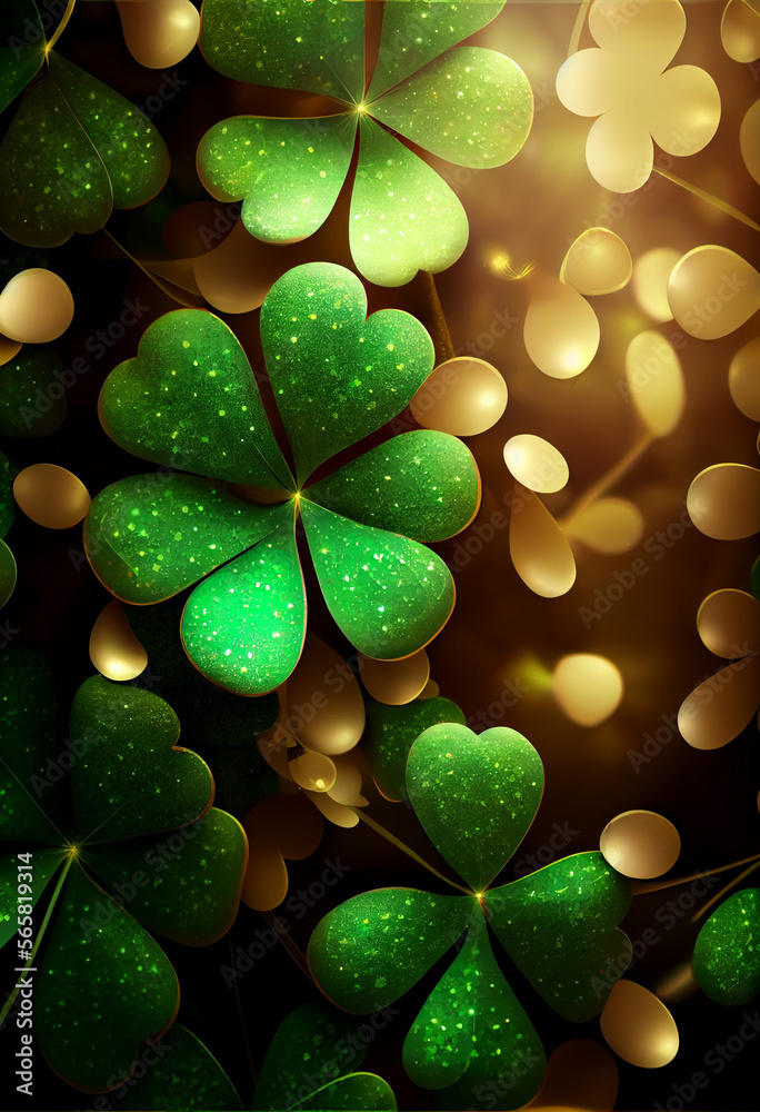 Poster Beautiful Festive background with shining clover shamrocks and golden bokeh. St. Patrick's Day backdrop.	
