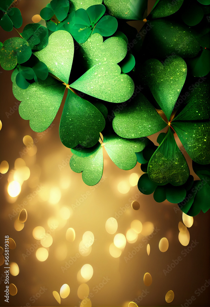 Poster Beautiful Festive background with shining clover shamrocks and golden bokeh. St. Patrick's Day backdrop.	
