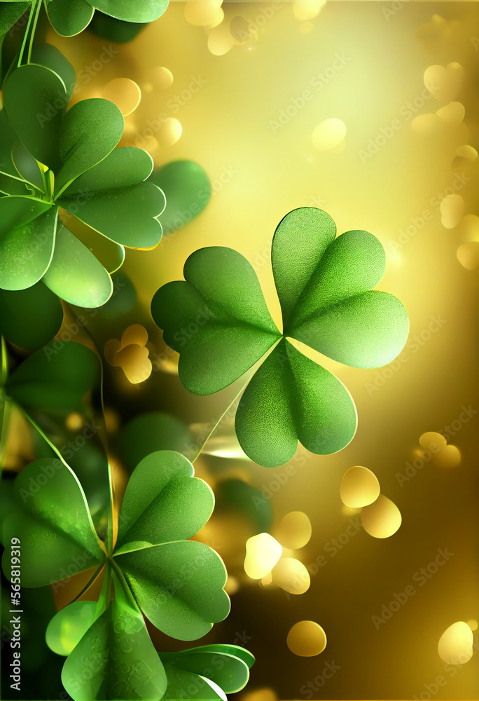 Poster Beautiful Festive background with shining clover shamrocks and golden bokeh. St. Patrick's Day backdrop.	
