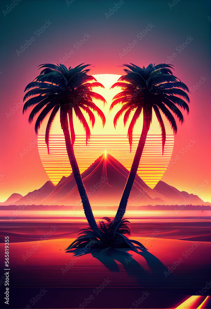 Poster beautiful two palm trees on a sunset 80s retro sci-fi style. summer time. futuristic sun retro wave.