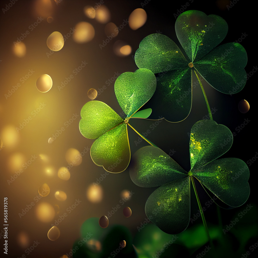 Aufkleber Beautiful Festive background with shining clover shamrocks and golden bokeh. St. Patrick's Day backdrop.	
