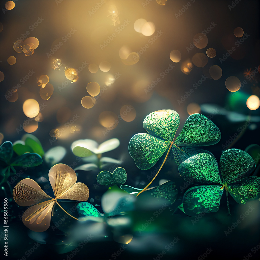 Poster Beautiful Festive background with shining clover shamrocks and golden bokeh. St. Patrick's Day backdrop.