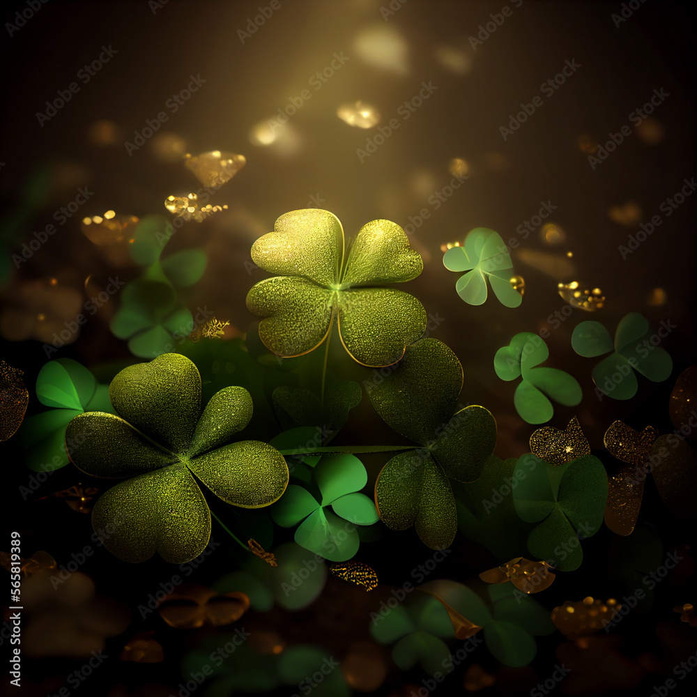 Aufkleber Beautiful Festive background with shining clover shamrocks and golden bokeh. St. Patrick's Day backdrop.	
