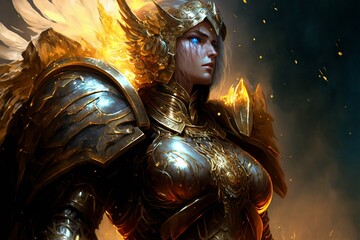 Valkyrie in gold armor. Before heading to the battlefield. It radiates radiant power. generative AI