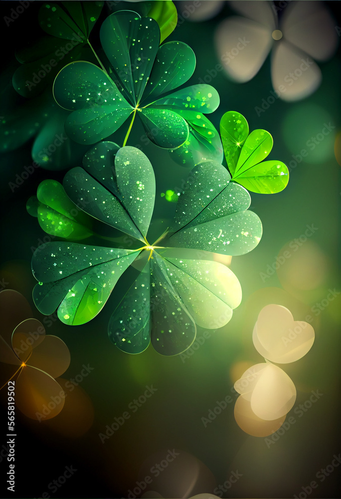 Aufkleber Beautiful Festive background with shining clover shamrocks and golden bokeh. St. Patrick's Day backdrop.	
