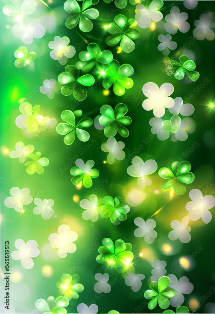 Poster Beautiful Festive background with shining clover shamrocks and golden bokeh. St. Patrick's Day backdrop.	
