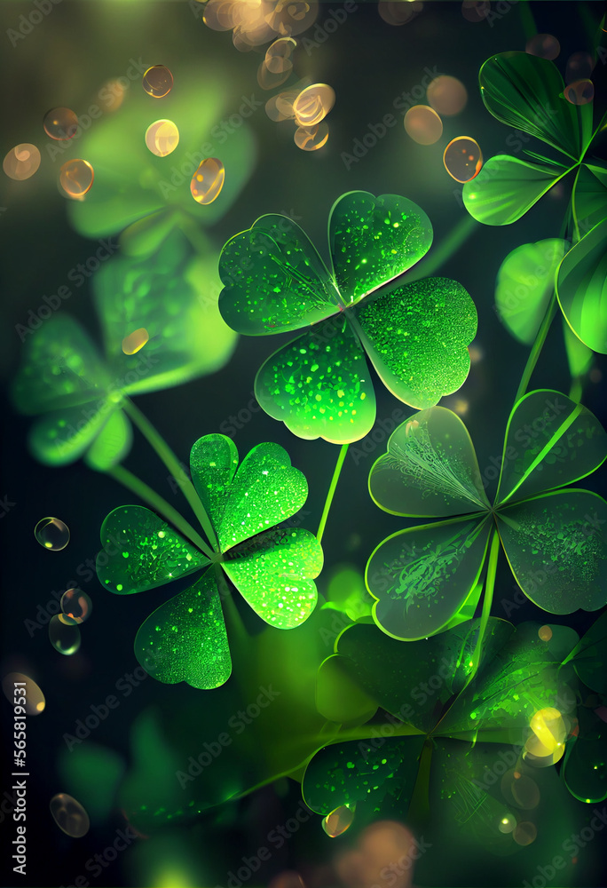 Aufkleber Beautiful Festive background with shining clover shamrocks and golden bokeh. St. Patrick's Day backdrop.	
