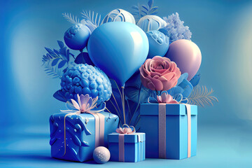 Blue birthday decor with balloons and presents ideal for celebration backgrounds, generative AI