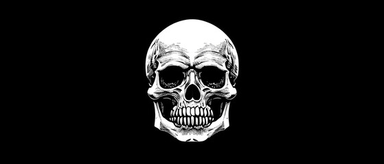 Illustration AI. Black and white human skull in the center on a black background. Wide screen of death. Failure of all systems.