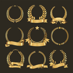 Collection of golden laurel wreath logo isolated on white background 