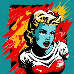 Retro Pop Art Woman Illustration in Bold Colors with 1950s Aesthetic and Modern Twist