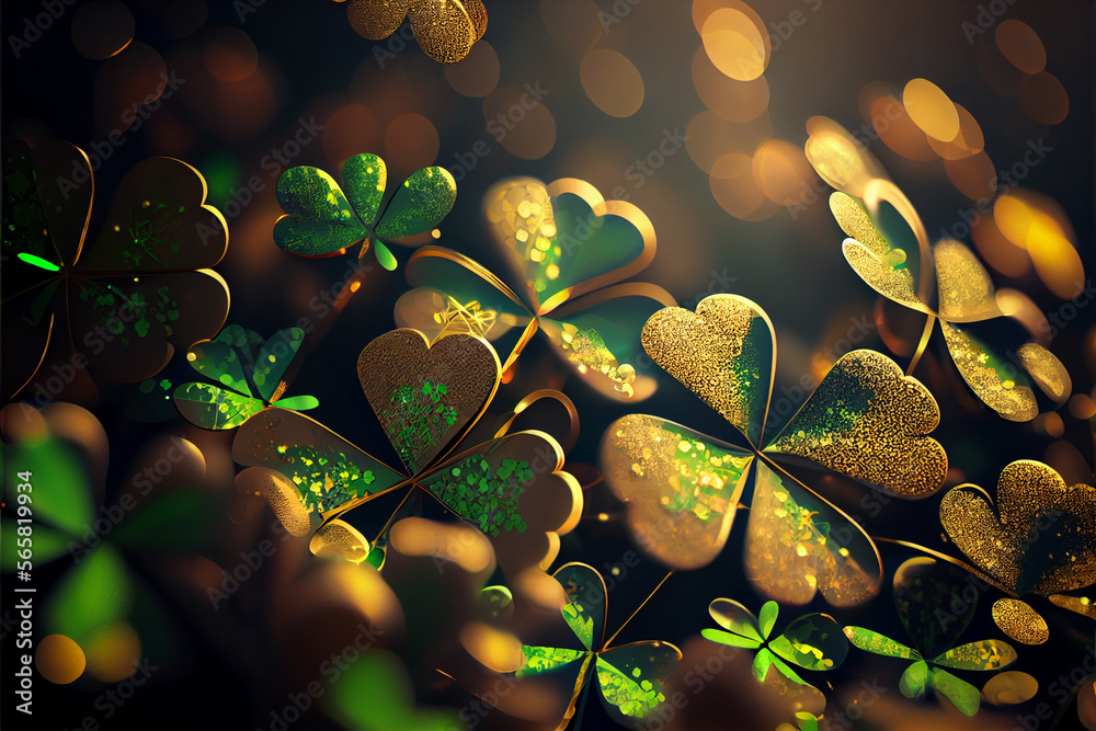 Poster Beautiful Festive background with shining clover shamrocks and golden bokeh. St. Patrick's Day backdrop.	