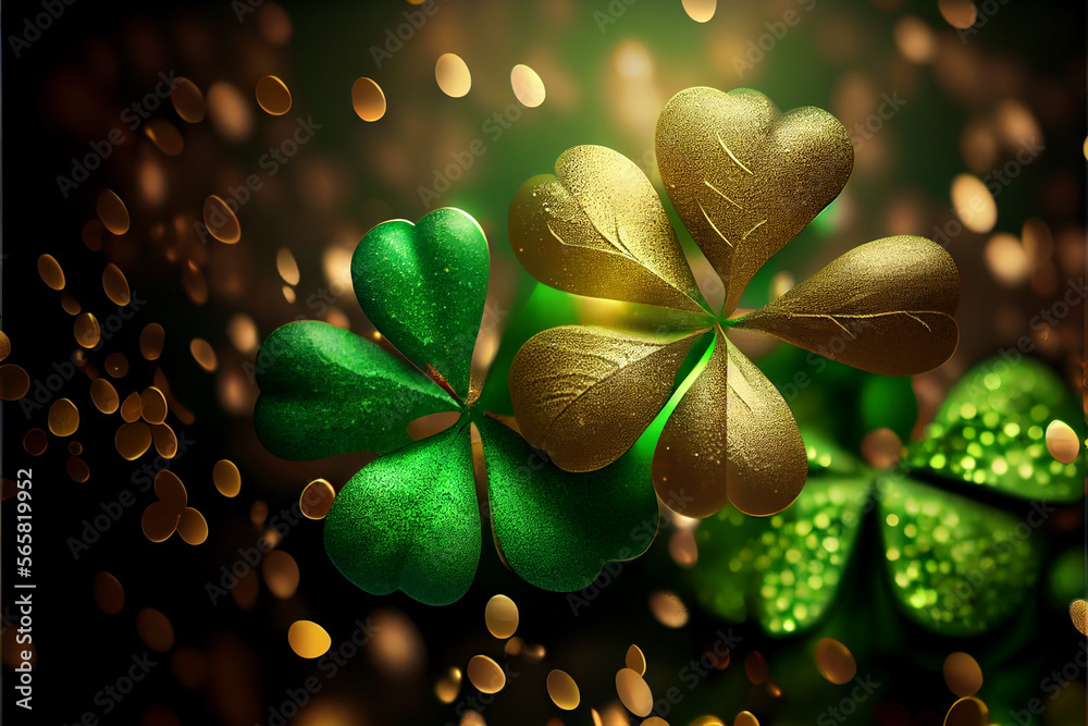 Aufkleber Beautiful Festive background with shining clover shamrocks and golden bokeh. St. Patrick's Day backdrop.	