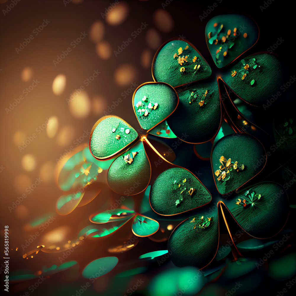 Aufkleber Beautiful Festive background with shining clover shamrocks and golden bokeh. St. Patrick's Day backdrop.	