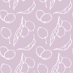 Hand drawn seamless patten with outline olive berries and leaves on purple background