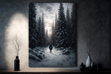 Scene of the room with a vases and a painting of person in snow-covered forest Generated AI
