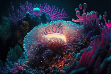 Naklejka na ściany i meble glowing sea anemone growing on the sea bed, generative ai composite