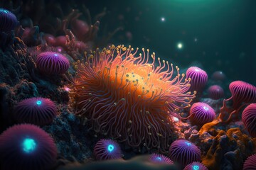 Naklejka na ściany i meble large, orange sea anemone surrounded by smaller anemones, generative ai composite