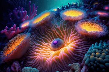 Fototapeta na wymiar sea anemone mother with offspring, generative ai composite