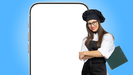 Chef woman with big phone. Phone template with blank screen. Copy Space near chef cook girl. Woman restaurant owner stands with her arms folded. Place for restaurant chef app on smartphone