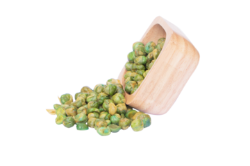 Green peas coated by salt overflowing from a wooden cup. A snack crispy baked. Suitable for parties, parties, popular all over the world. Isolated on cutout PNG.
