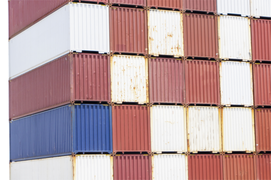 Frontal and side view of stack of container in harbor for wait mother vessel berth. At Lamchabang port Thailand. Industrial Container yard for Logistic Import Export business. Isolated on cutout PNG.