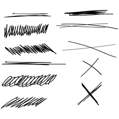 Set of hand drawn paint object. Abstract doodle lines, pencil drawing stripes for design use. Black elements on white background