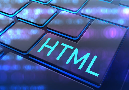 HTML logo. Fragment of keyboard with name programming language. Hyper Text Markup Language. HTML5 library concept. Fragment programmers keyboard in neon color. Building websites with HTML. 3d image
