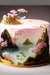 super gorgeous and cute chinese landscape painting cake Generative AI