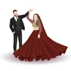 vector indian couple cartoon in traditional dress posing for wedding invitation card design