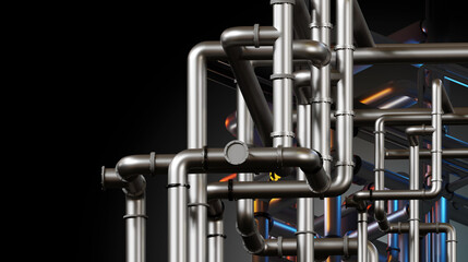Water pipes. Steel pipeline on black. Metal pipes are tangled. Background from water pipes. Concept of water supply and heating. Industrial background with pipeline. 3d rendering.
