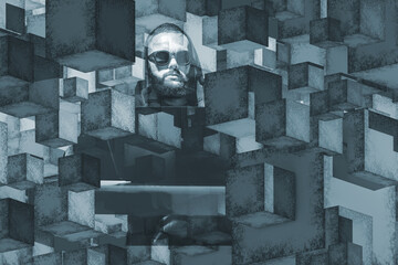 Portrait of man among gray blocks. Hipster guy wearing sunglasses. Bearded man in hood. Male student among abstract geometric lines. Portrait of hipster guy. Gray background with cool hipster man