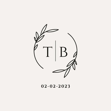 Letter TB wedding monogram logo design with simple natural circle leaf frame