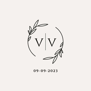 Letter VV wedding monogram logo design with simple natural circle leaf frame
