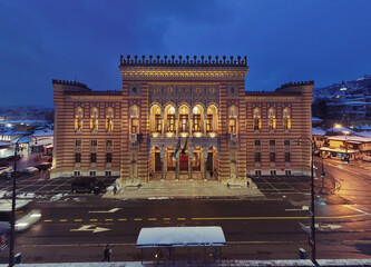 Sarajevo city hall or national library in town center aerialhyper lapse or time lapse. Landmark in...