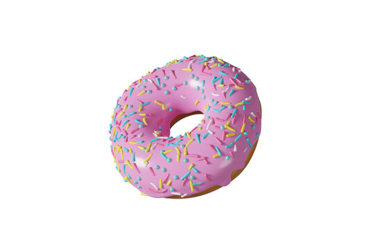 Close up 3d rendering of pink frosted donut with sprinkles, Transparent background PNG file.
