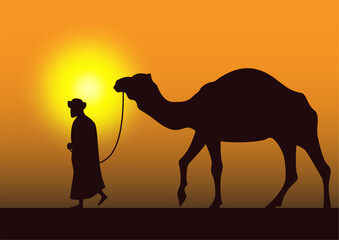 camel caravan going through the desert on beautiful sunset graphic illustration