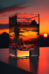 glass with sea view and sunset at background close-up summer evening relaxed mood concept Generative AI