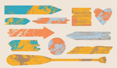 A set of various-shaped vibrantly painted rustic vector beach signs. Great for Summer, beach recreation, vacation, camping and outdoor themes. 