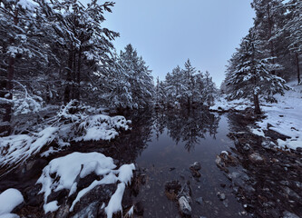 An aerial view of a frozen river flowing through snow-covered forests on a cloudy sunset sky background.