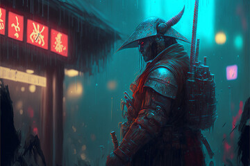 Samurai warrior in a raining neon fantasy
