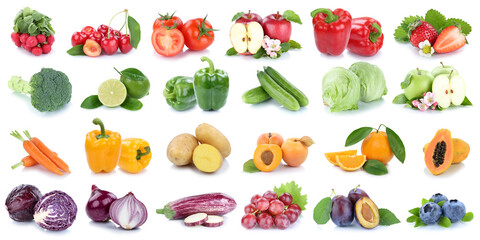 Fruits and vegetables collection isolated on white banner with apple tomatoes orange lettuce fresh fruit