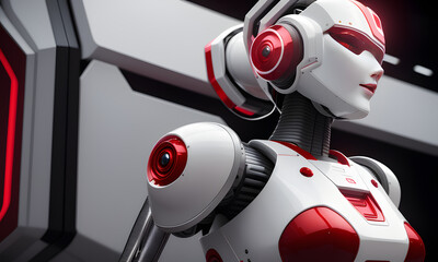 Naklejka na ściany i meble realistic photograph of female nousr robot white and red nousr robot digital 3d hard surface real-time vfx intricate character generated by generative ai