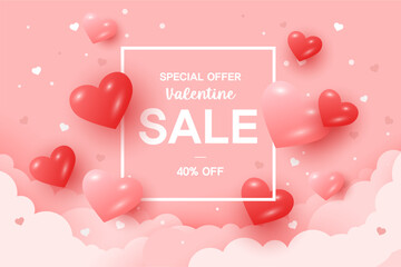 Happy Valentine's Day and White Day Sale banner. Holiday background with border frame made of realistic heart shaped red, pink and white balloons. Horizontal poster, greeting card, header for website.