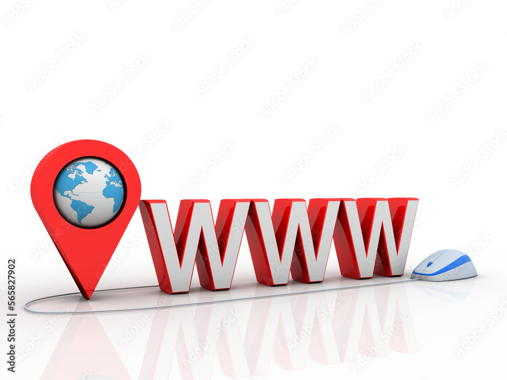 Poster 3d rendering red map pointer with www connected mouse