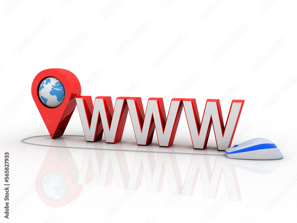 Poster 3d rendering red map pointer with www connected mouse