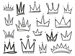 Infographic elements on isolation background. Collection of crowns on white. Hand drawn simple objects. Line art. Black and white illustration. Elements for design