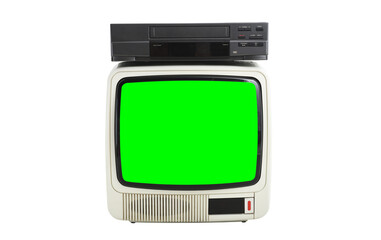 Old white vintage TV with green screen to add images and VCR 1980s, 1990s, 2000s isolated on white...